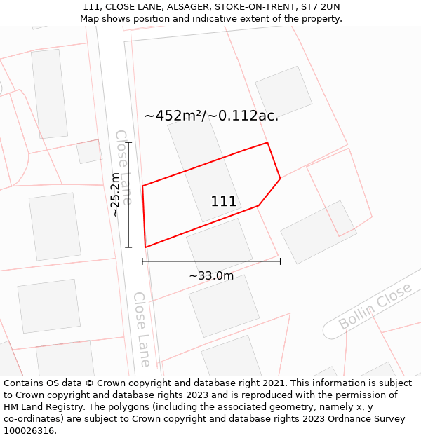 111, CLOSE LANE, ALSAGER, STOKE-ON-TRENT, ST7 2UN: Plot and title map