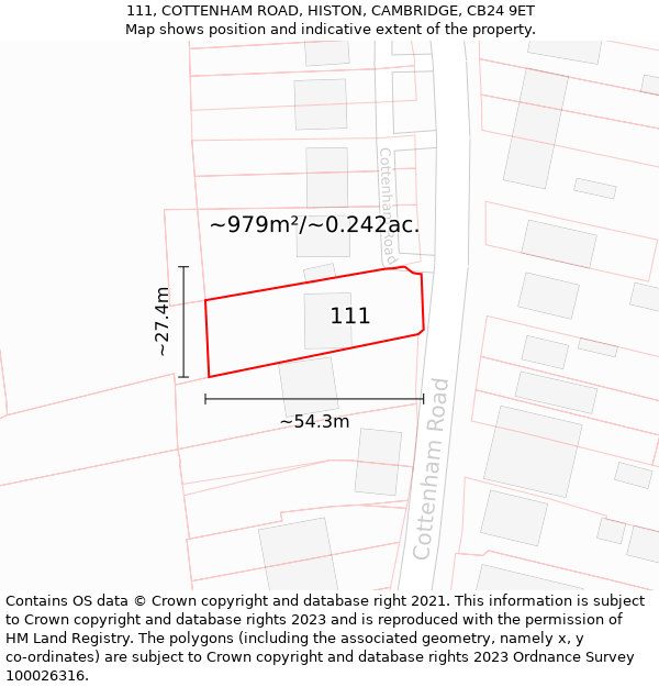 111, COTTENHAM ROAD, HISTON, CAMBRIDGE, CB24 9ET: Plot and title map