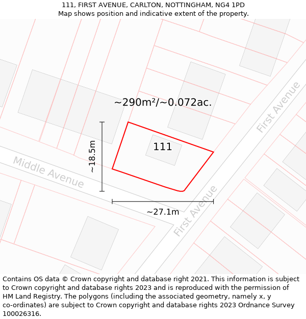 111, FIRST AVENUE, CARLTON, NOTTINGHAM, NG4 1PD: Plot and title map