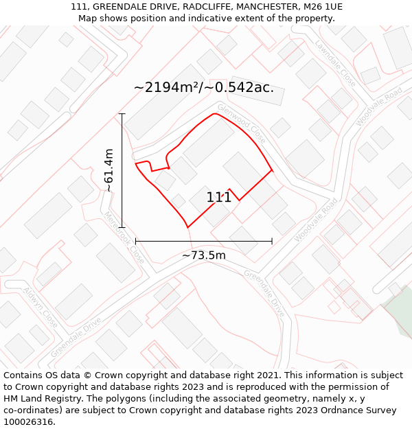 111, GREENDALE DRIVE, RADCLIFFE, MANCHESTER, M26 1UE: Plot and title map