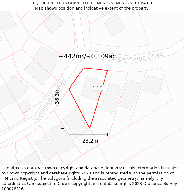 111, GREENFIELDS DRIVE, LITTLE NESTON, NESTON, CH64 0UL: Plot and title map