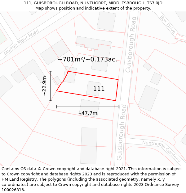 111, GUISBOROUGH ROAD, NUNTHORPE, MIDDLESBROUGH, TS7 0JD: Plot and title map