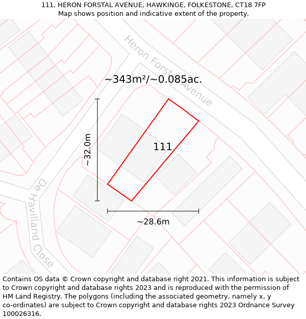 111, HERON FORSTAL AVENUE, HAWKINGE, FOLKESTONE, CT18 7FP: Plot and title map