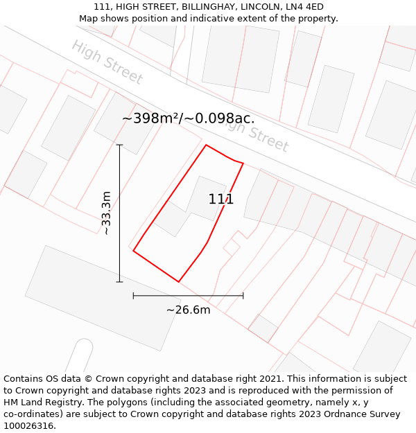 111, HIGH STREET, BILLINGHAY, LINCOLN, LN4 4ED: Plot and title map