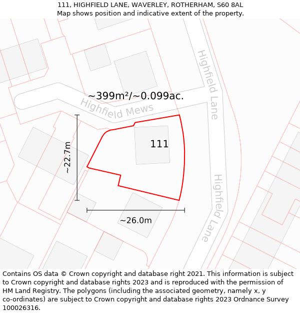 111, HIGHFIELD LANE, WAVERLEY, ROTHERHAM, S60 8AL: Plot and title map