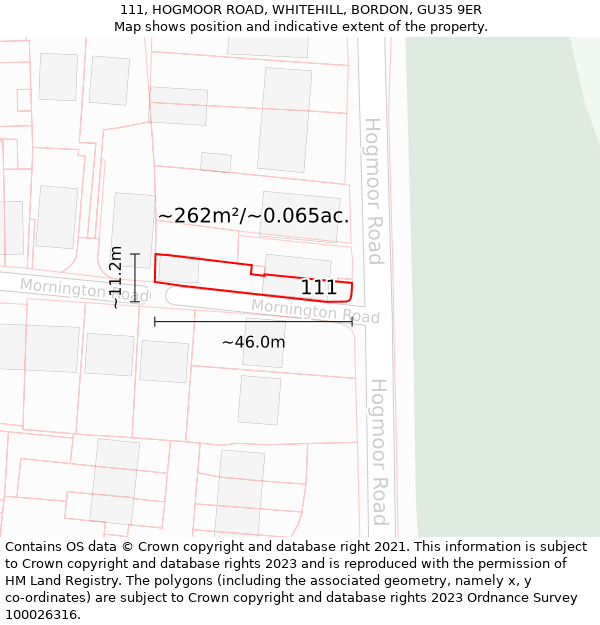 111, HOGMOOR ROAD, WHITEHILL, BORDON, GU35 9ER: Plot and title map