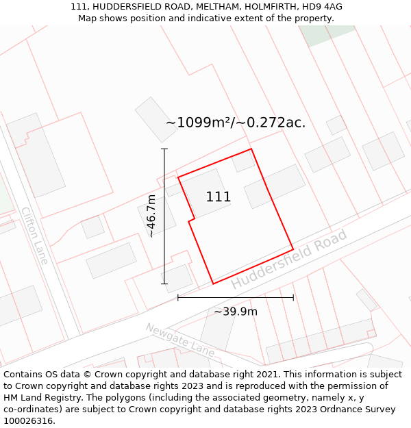 111, HUDDERSFIELD ROAD, MELTHAM, HOLMFIRTH, HD9 4AG: Plot and title map