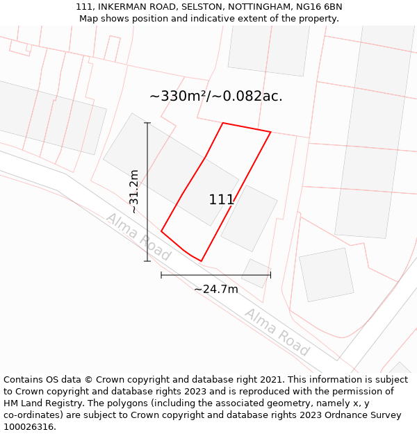 111, INKERMAN ROAD, SELSTON, NOTTINGHAM, NG16 6BN: Plot and title map