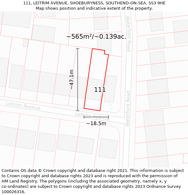 111, LEITRIM AVENUE, SHOEBURYNESS, SOUTHEND-ON-SEA, SS3 9HE: Plot and title map