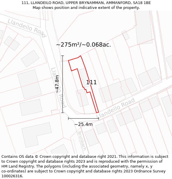 111, LLANDEILO ROAD, UPPER BRYNAMMAN, AMMANFORD, SA18 1BE: Plot and title map