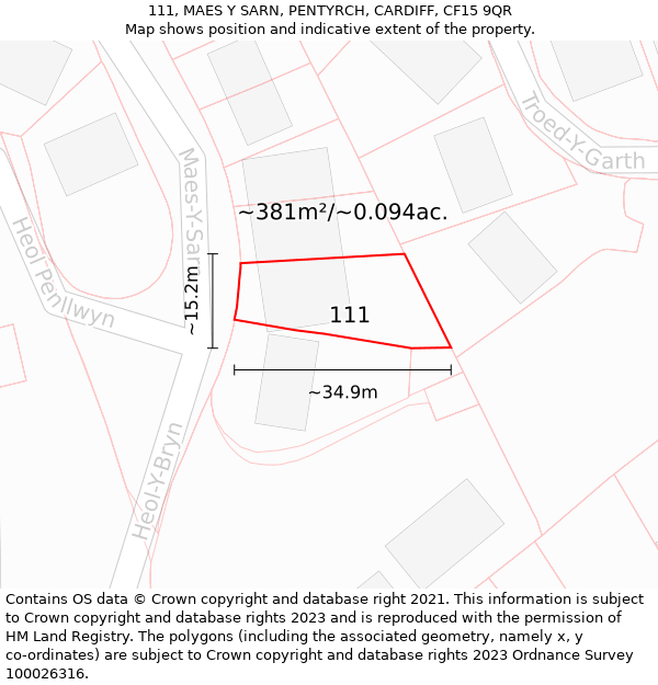 111, MAES Y SARN, PENTYRCH, CARDIFF, CF15 9QR: Plot and title map