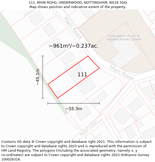 111, MAIN ROAD, UNDERWOOD, NOTTINGHAM, NG16 5GQ: Plot and title map