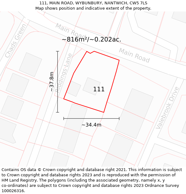 111, MAIN ROAD, WYBUNBURY, NANTWICH, CW5 7LS: Plot and title map