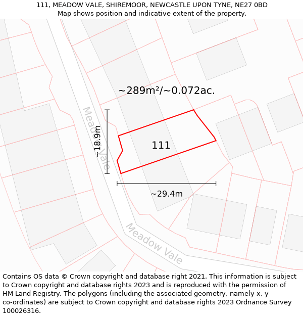 111, MEADOW VALE, SHIREMOOR, NEWCASTLE UPON TYNE, NE27 0BD: Plot and title map