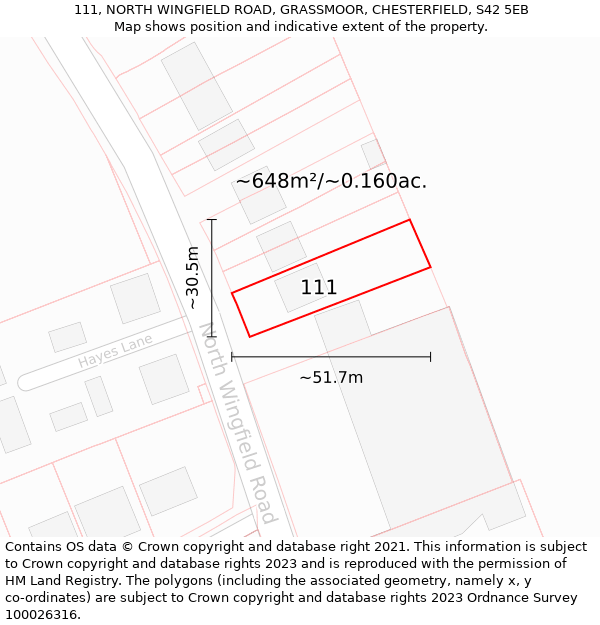 111, NORTH WINGFIELD ROAD, GRASSMOOR, CHESTERFIELD, S42 5EB: Plot and title map
