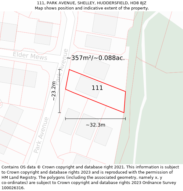 111, PARK AVENUE, SHELLEY, HUDDERSFIELD, HD8 8JZ: Plot and title map