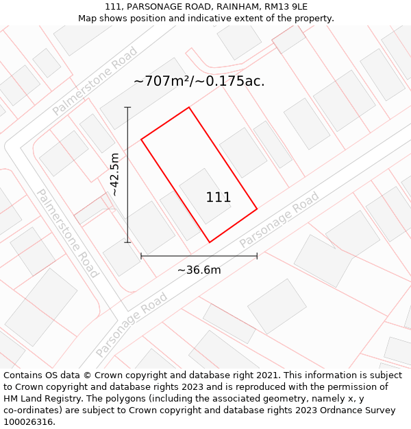 111, PARSONAGE ROAD, RAINHAM, RM13 9LE: Plot and title map