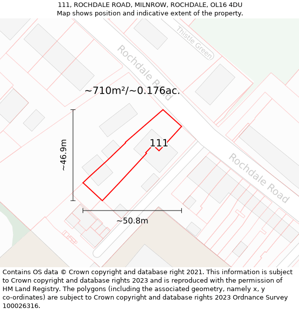 111, ROCHDALE ROAD, MILNROW, ROCHDALE, OL16 4DU: Plot and title map