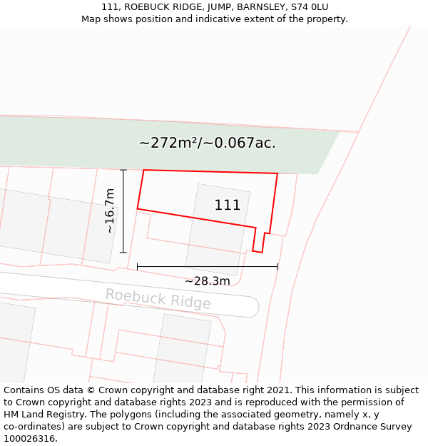 111, ROEBUCK RIDGE, JUMP, BARNSLEY, S74 0LU: Plot and title map