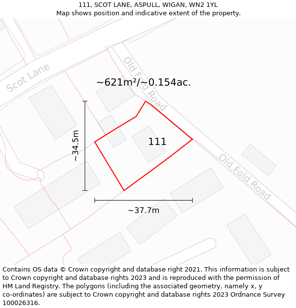 111, SCOT LANE, ASPULL, WIGAN, WN2 1YL: Plot and title map