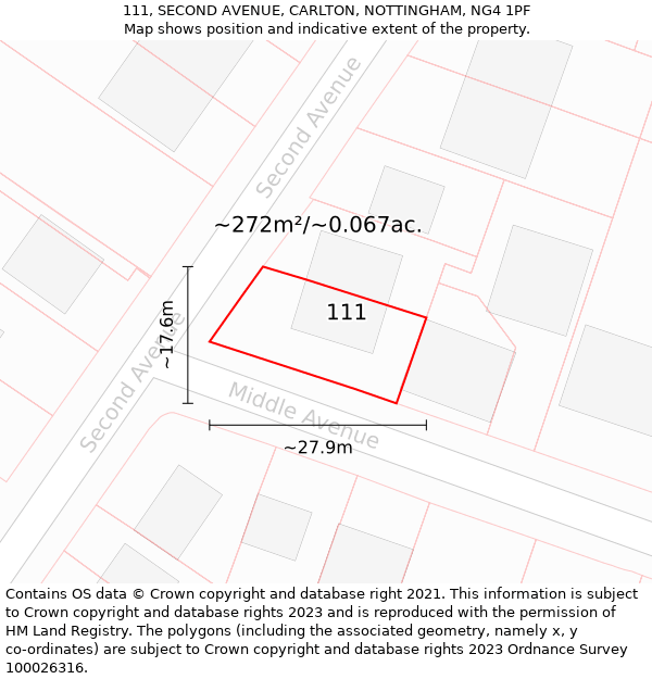111, SECOND AVENUE, CARLTON, NOTTINGHAM, NG4 1PF: Plot and title map