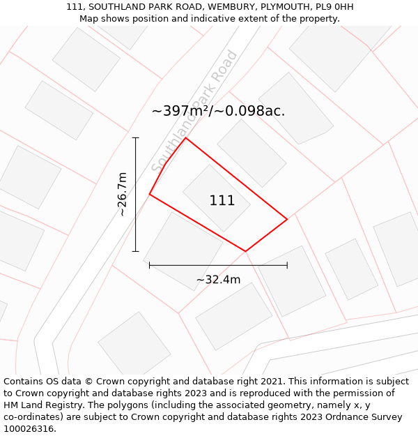 111, SOUTHLAND PARK ROAD, WEMBURY, PLYMOUTH, PL9 0HH: Plot and title map