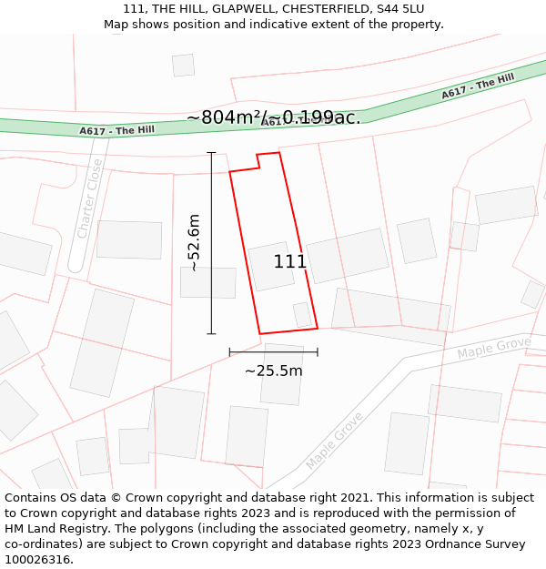 111, THE HILL, GLAPWELL, CHESTERFIELD, S44 5LU: Plot and title map