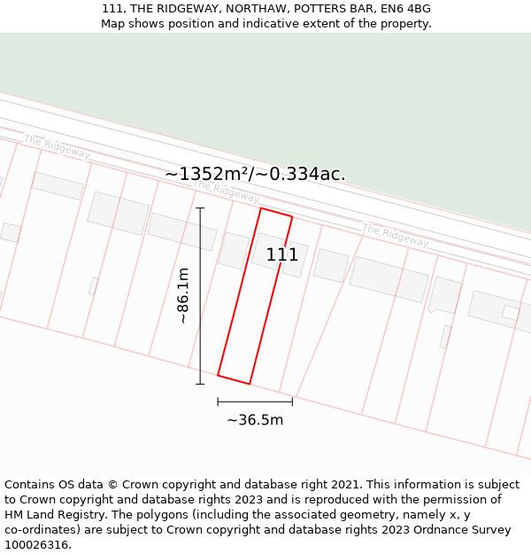 111, THE RIDGEWAY, NORTHAW, POTTERS BAR, EN6 4BG: Plot and title map