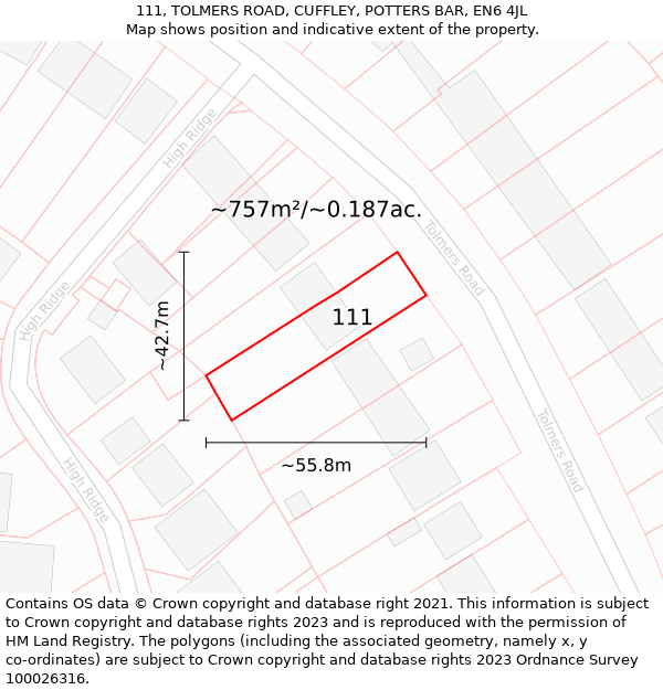 111, TOLMERS ROAD, CUFFLEY, POTTERS BAR, EN6 4JL: Plot and title map