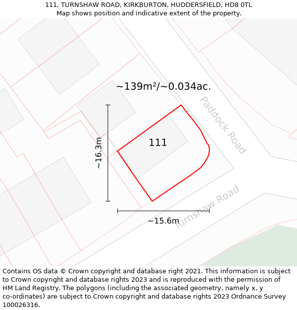 111, TURNSHAW ROAD, KIRKBURTON, HUDDERSFIELD, HD8 0TL: Plot and title map