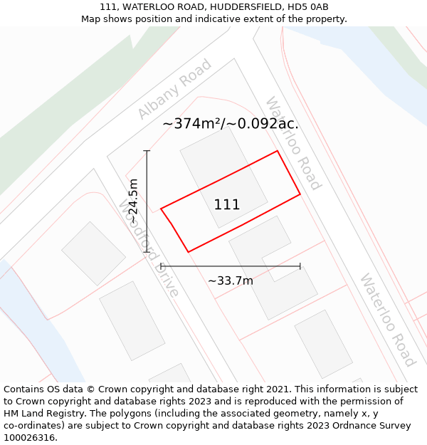 111, WATERLOO ROAD, HUDDERSFIELD, HD5 0AB: Plot and title map