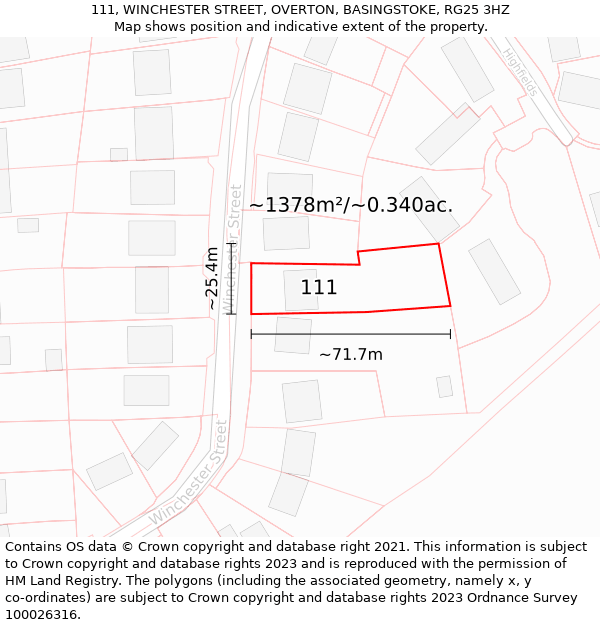 111, WINCHESTER STREET, OVERTON, BASINGSTOKE, RG25 3HZ: Plot and title map