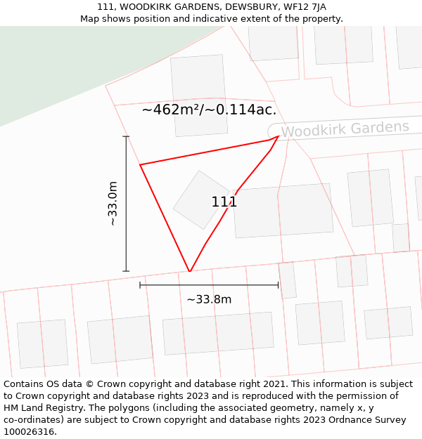 111, WOODKIRK GARDENS, DEWSBURY, WF12 7JA: Plot and title map