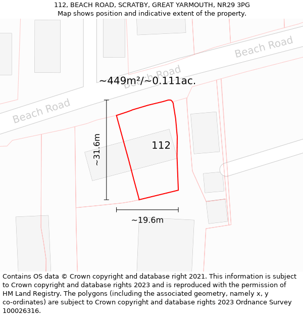 112, BEACH ROAD, SCRATBY, GREAT YARMOUTH, NR29 3PG: Plot and title map