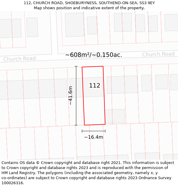 112, CHURCH ROAD, SHOEBURYNESS, SOUTHEND-ON-SEA, SS3 9EY: Plot and title map