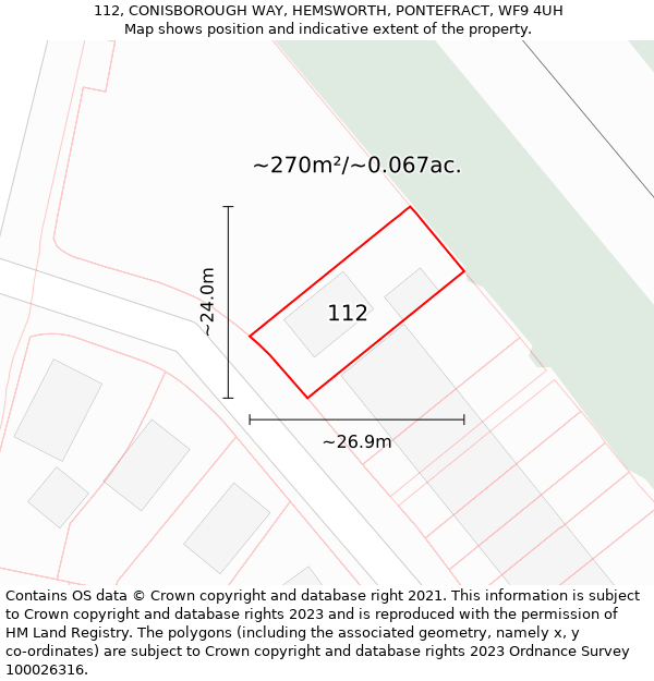 112, CONISBOROUGH WAY, HEMSWORTH, PONTEFRACT, WF9 4UH: Plot and title map