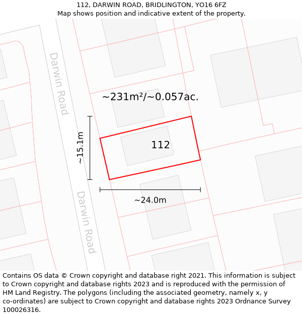 112, DARWIN ROAD, BRIDLINGTON, YO16 6FZ: Plot and title map