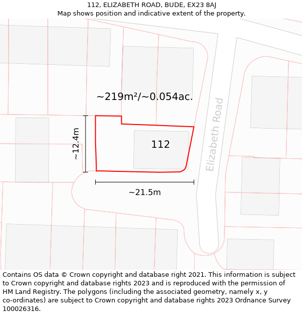 112, ELIZABETH ROAD, BUDE, EX23 8AJ: Plot and title map