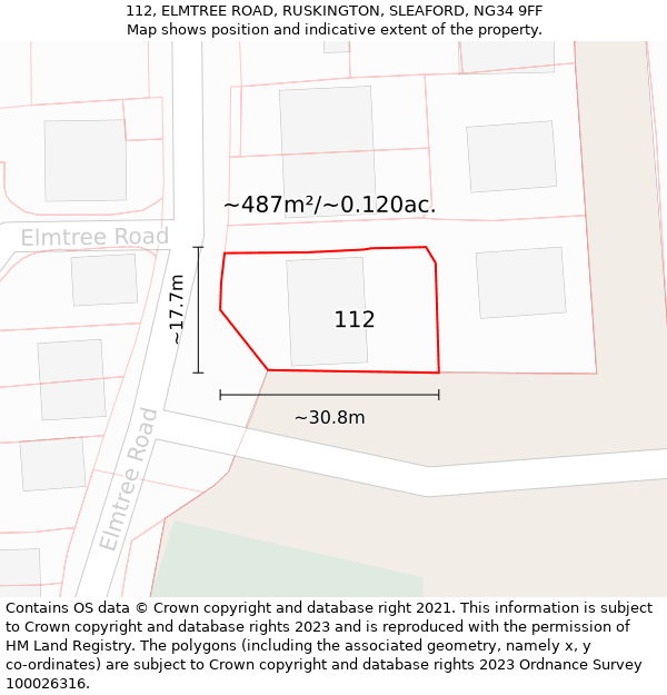 112, ELMTREE ROAD, RUSKINGTON, SLEAFORD, NG34 9FF: Plot and title map