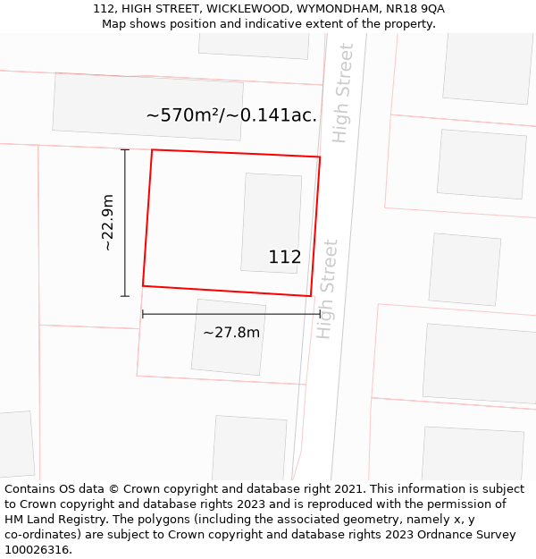 112, HIGH STREET, WICKLEWOOD, WYMONDHAM, NR18 9QA: Plot and title map