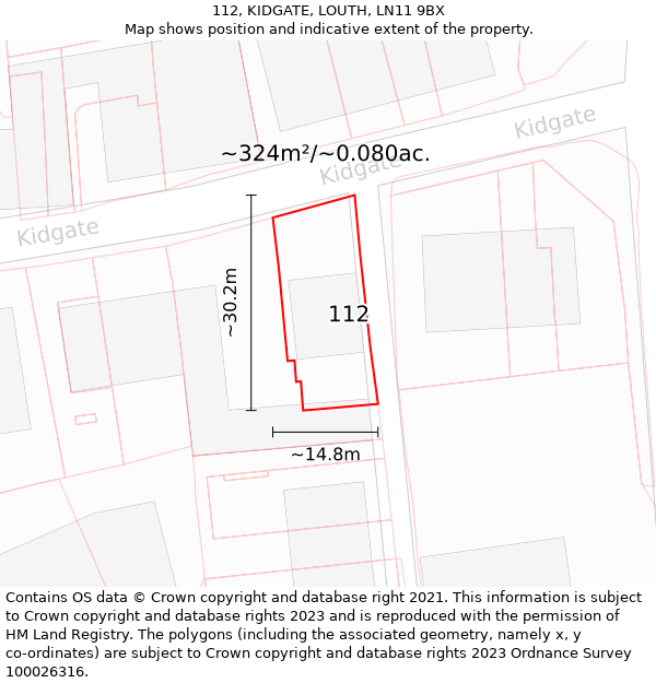 112, KIDGATE, LOUTH, LN11 9BX: Plot and title map