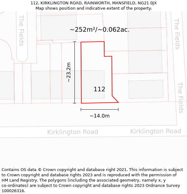 112, KIRKLINGTON ROAD, RAINWORTH, MANSFIELD, NG21 0JX: Plot and title map