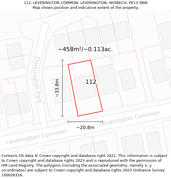 112, LEVERINGTON COMMON, LEVERINGTON, WISBECH, PE13 5BW: Plot and title map