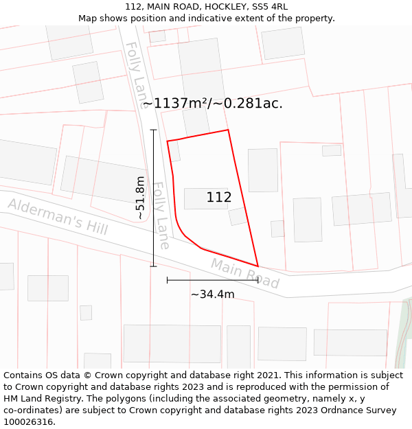 112, MAIN ROAD, HOCKLEY, SS5 4RL: Plot and title map