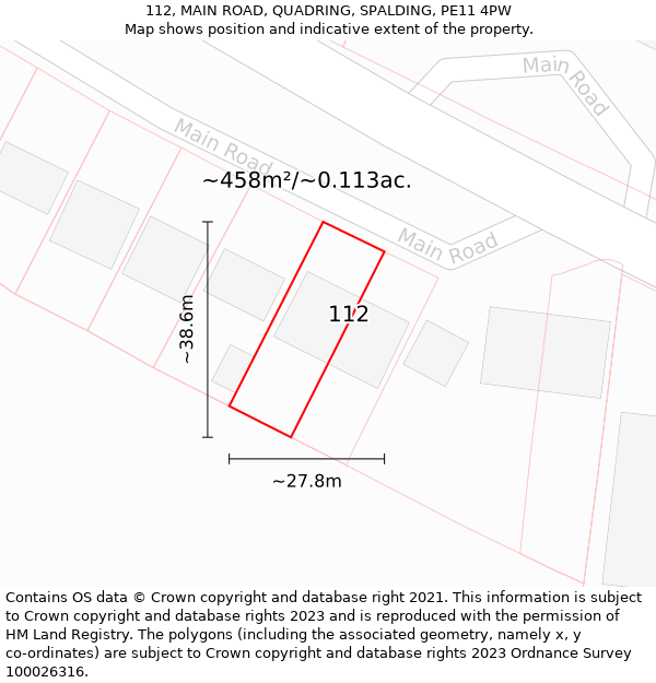 112, MAIN ROAD, QUADRING, SPALDING, PE11 4PW: Plot and title map