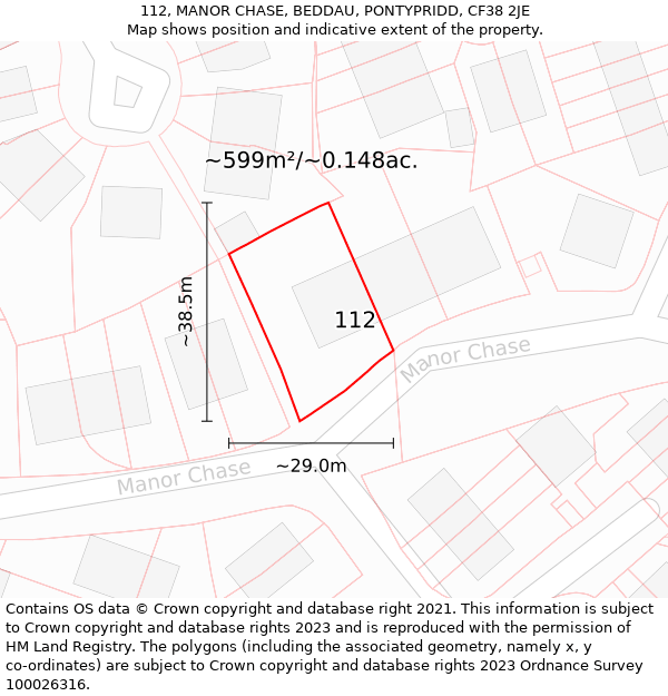 112, MANOR CHASE, BEDDAU, PONTYPRIDD, CF38 2JE: Plot and title map