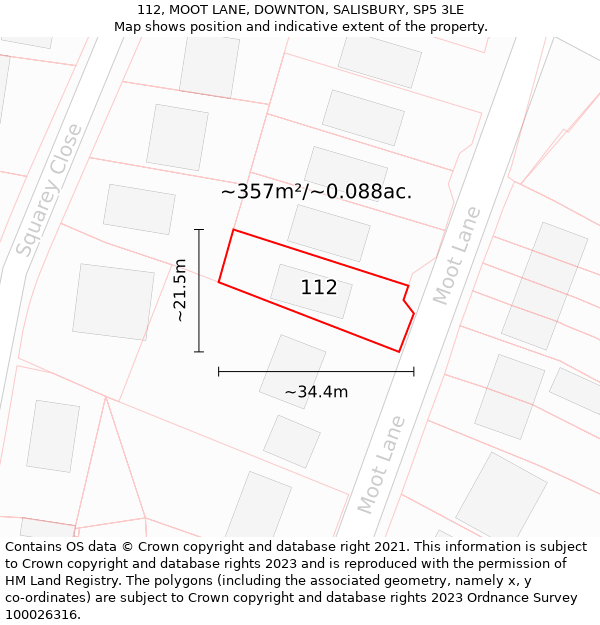 112, MOOT LANE, DOWNTON, SALISBURY, SP5 3LE: Plot and title map