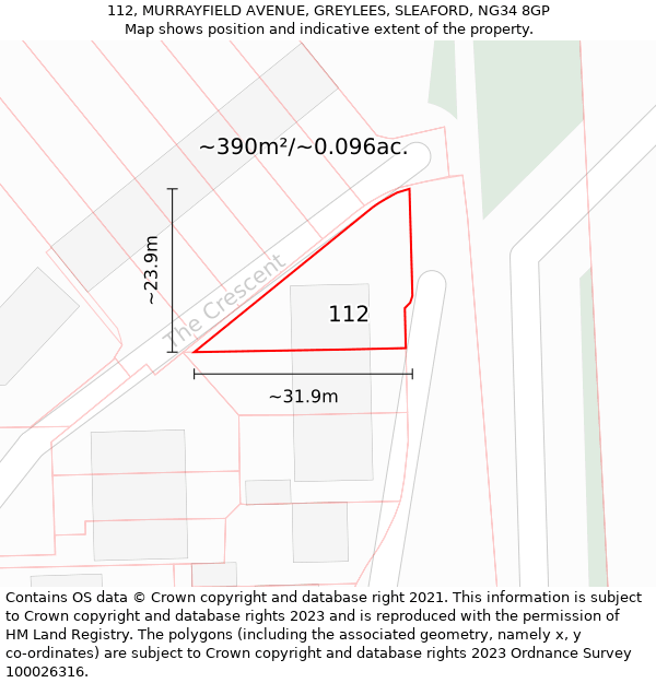 112, MURRAYFIELD AVENUE, GREYLEES, SLEAFORD, NG34 8GP: Plot and title map