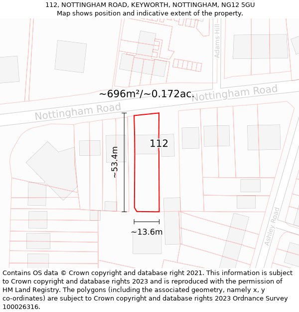 112, NOTTINGHAM ROAD, KEYWORTH, NOTTINGHAM, NG12 5GU: Plot and title map