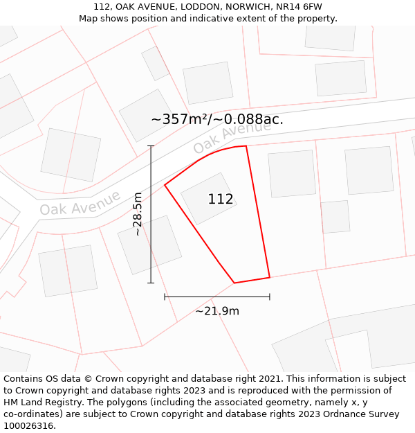 112, OAK AVENUE, LODDON, NORWICH, NR14 6FW: Plot and title map